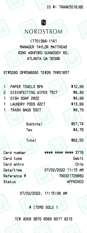 Nordstrom Receipt with PAPER TOWELS 6PK, DISINFECTING WIPES 75CT, DISH SOAP 28OZ totaling $63