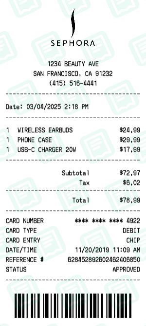 Sephora Receipt with WIRELESS EARBUDS, PHONE CASE, USB-C CHARGER 20W totaling $79