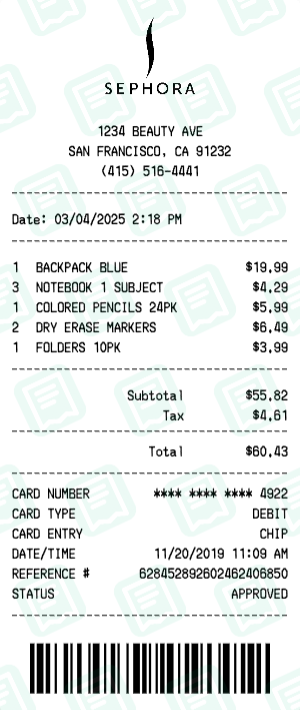 Sephora Receipt with BACKPACK BLUE, NOTEBOOK 1 SUBJECT, COLORED PENCILS 24PK totaling $60