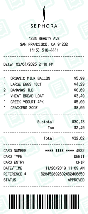 Sephora Receipt with ORGANIC MILK GALLON, LARGE EGGS 18CT, BANANAS 1LB totaling $33