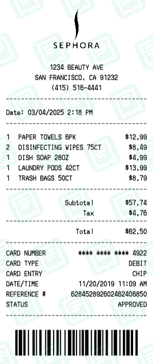 Sephora Receipt with PAPER TOWELS 6PK, DISINFECTING WIPES 75CT, DISH SOAP 28OZ totaling $63