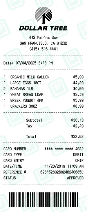 Dollar Tree Receipt with ORGANIC MILK GALLON, LARGE EGGS 18CT, BANANAS 1LB totaling $33