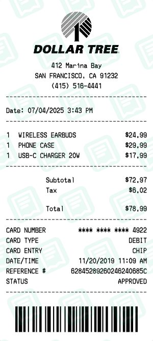 Dollar Tree Receipt with WIRELESS EARBUDS, PHONE CASE, USB-C CHARGER 20W totaling $79