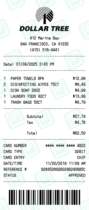 Dollar Tree Receipt with PAPER TOWELS 6PK, DISINFECTING WIPES 75CT, DISH SOAP 28OZ totaling $63