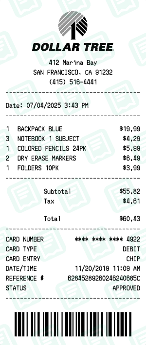 Dollar Tree Receipt with BACKPACK BLUE, NOTEBOOK 1 SUBJECT, COLORED PENCILS 24PK totaling $60
