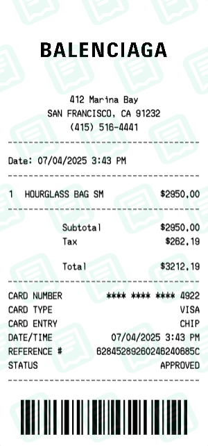 Balenciaga Receipt with HOURGLASS BAG SM totaling $3,212