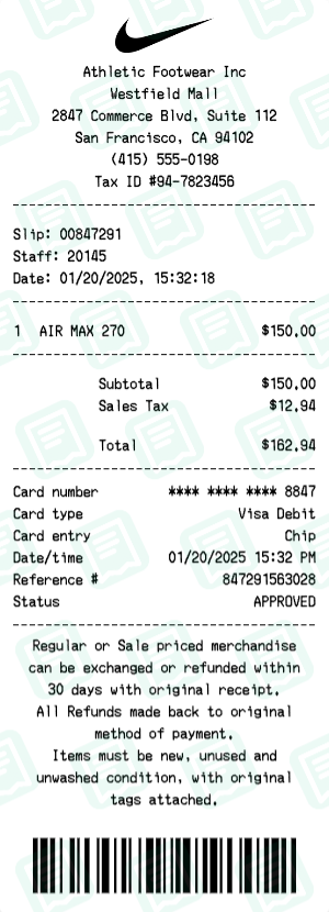 Nike receipt preview - click to customize