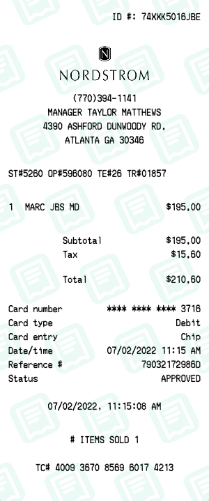 Nordstrom receipt preview - click to customize