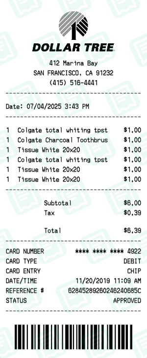 Dollar Tree receipt preview - click to customize