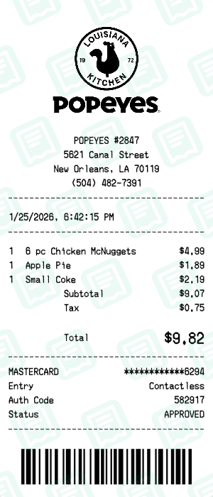 Popeyes Receipt with 6 pc Chicken McNuggets, Apple Pie, Small Coke totaling $10