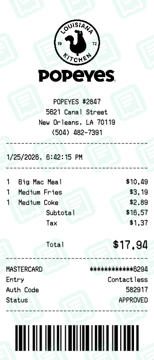 Popeyes Receipt with Big Mac Meal, Medium Fries, Medium Coke totaling $18