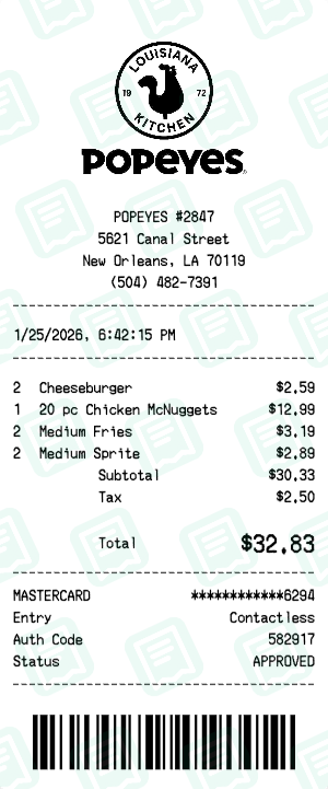 Popeyes Receipt with Cheeseburger, 20 pc Chicken McNuggets, Medium Fries totaling $33