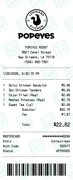 Popeyes receipt preview - click to customize