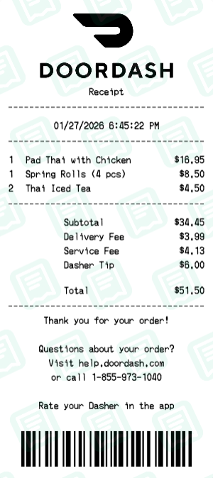 DoorDash receipt preview - click to customize