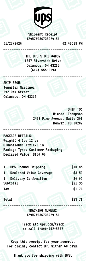 UPS receipt preview - click to customize