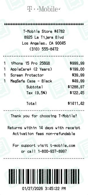 T-Mobile receipt preview - click to customize