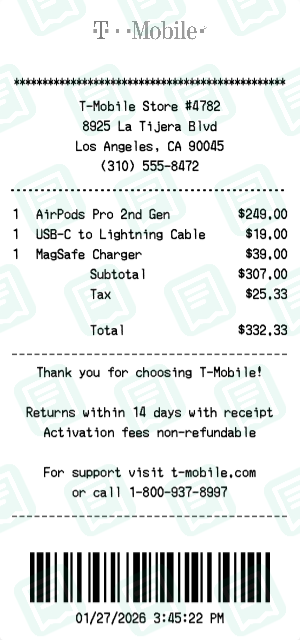 T Mobile Receipt with AirPods Pro 2nd Gen, USB-C to Lightning Cable, MagSafe Charger totaling $332