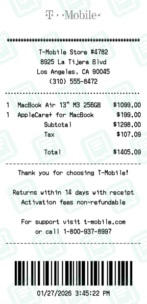 T Mobile Receipt with MacBook Air 13" M3 256GB, AppleCare+ for MacBook totaling $1,405