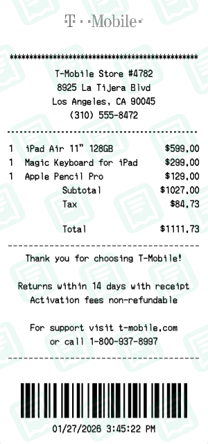 T Mobile Receipt with iPad Air 11" 128GB, Magic Keyboard for iPad, Apple Pencil Pro totaling $1,112