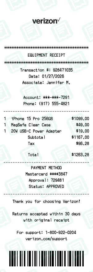 Verizon Receipt with iPhone 15 Pro 256GB, MagSafe Clear Case, 20W USB-C Power Adapter totaling $1,263