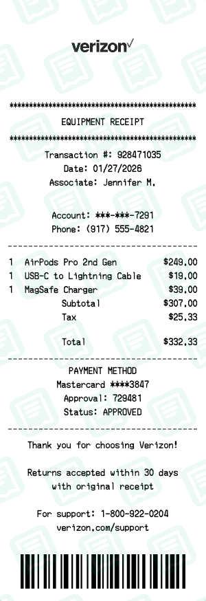 Verizon Receipt with AirPods Pro 2nd Gen, USB-C to Lightning Cable, MagSafe Charger totaling $332