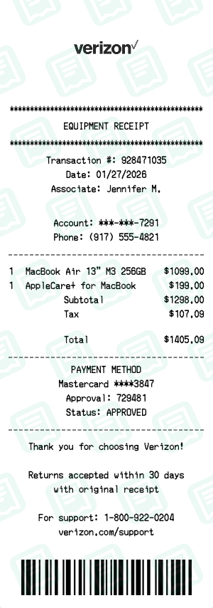 Verizon Receipt with MacBook Air 13" M3 256GB, AppleCare+ for MacBook totaling $1,405
