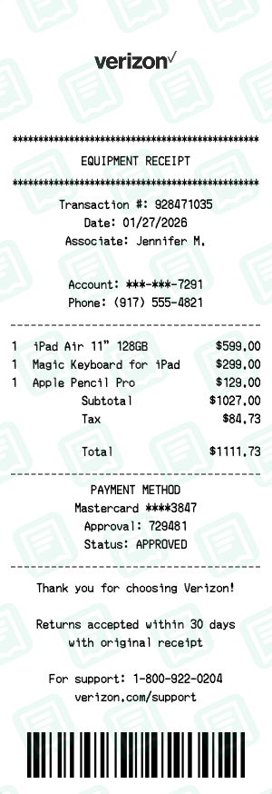 Verizon Receipt with iPad Air 11" 128GB, Magic Keyboard for iPad, Apple Pencil Pro totaling $1,112