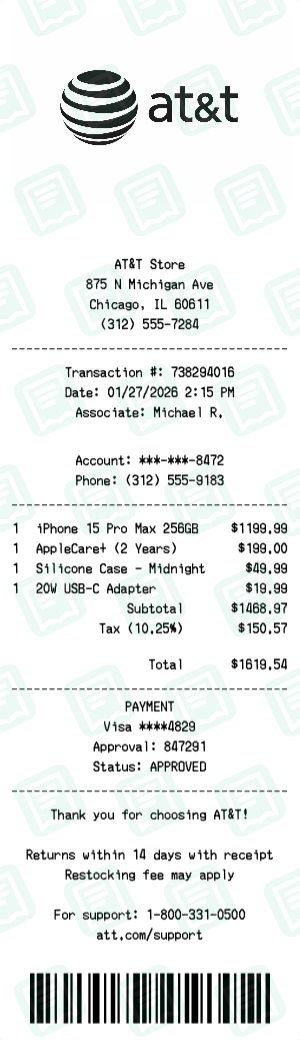AT&T receipt preview - click to customize