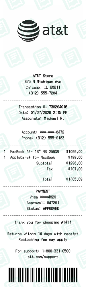 Att Receipt with MacBook Air 13" M3 256GB, AppleCare+ for MacBook totaling $1,405