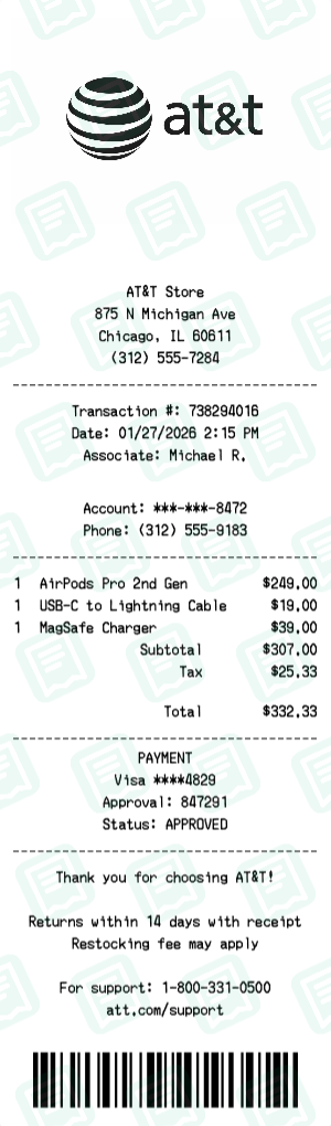 Att Receipt with AirPods Pro 2nd Gen, USB-C to Lightning Cable, MagSafe Charger totaling $332