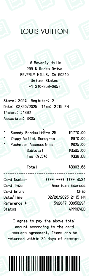 Louis Vuitton Receipt Example - Multi-Item Purchase