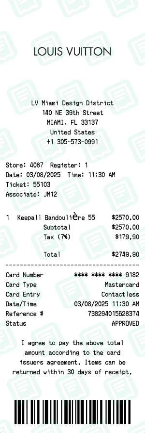 Louis Vuitton Receipt Example - Keepall Purchase