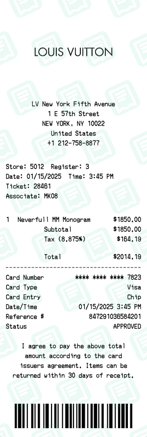 Louis Vuitton Receipt Example - Neverfull Tote