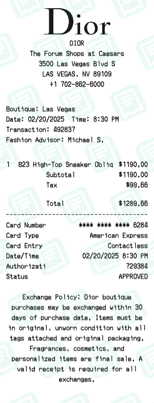 Dior Receipt Example - B23 Sneakers