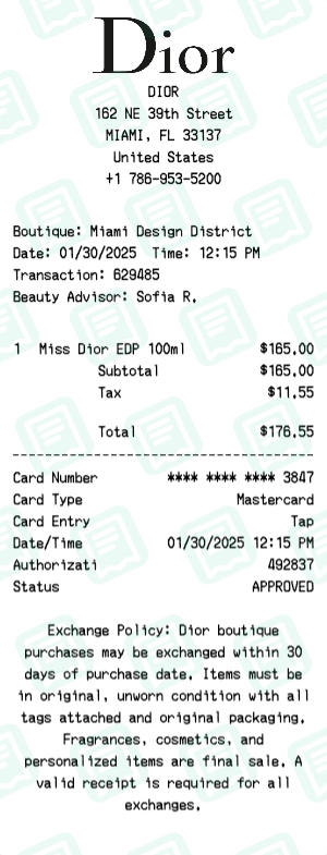 Dior Receipt Example - Miss Dior Perfume