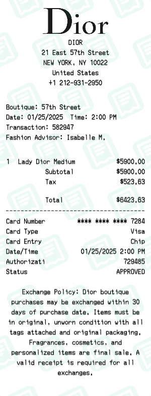 Dior Receipt Example - Lady Dior Bag