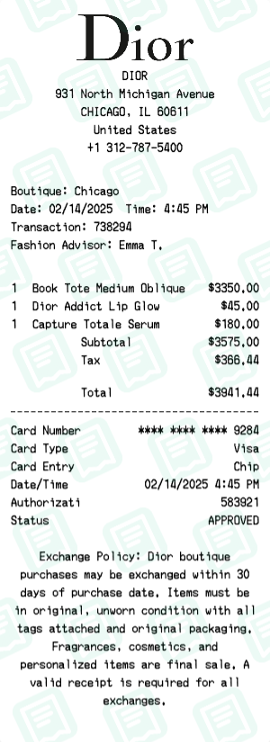 Dior Receipt Example - Multi-Item Purchase