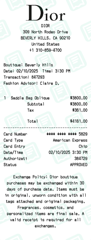 Dior Receipt Example - Saddle Bag