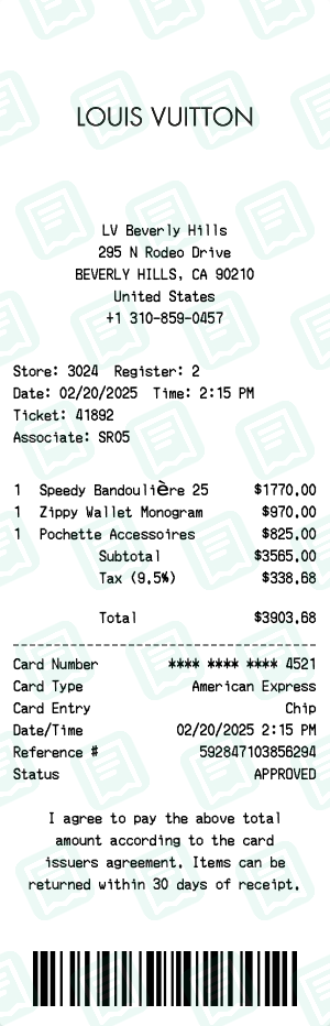Louis Vuitton Receipt Example - Multi-Item Purchase