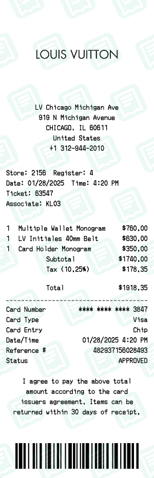 Louis Vuitton Receipt Example - Accessories
