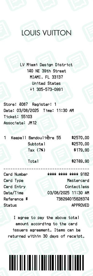 Louis Vuitton Receipt Example - Keepall Purchase