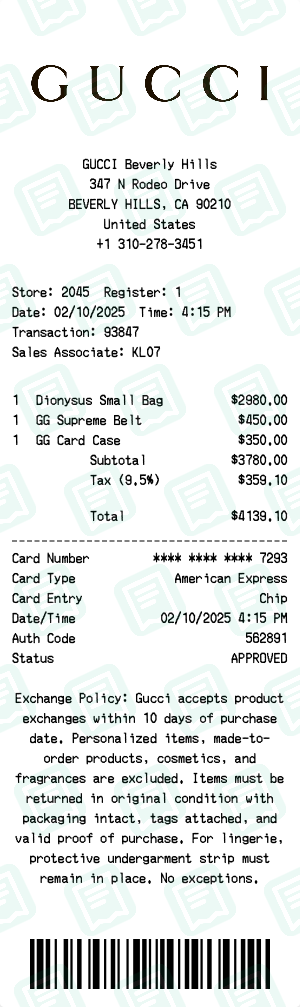 Gucci Receipt Example - Multi-Item Purchase