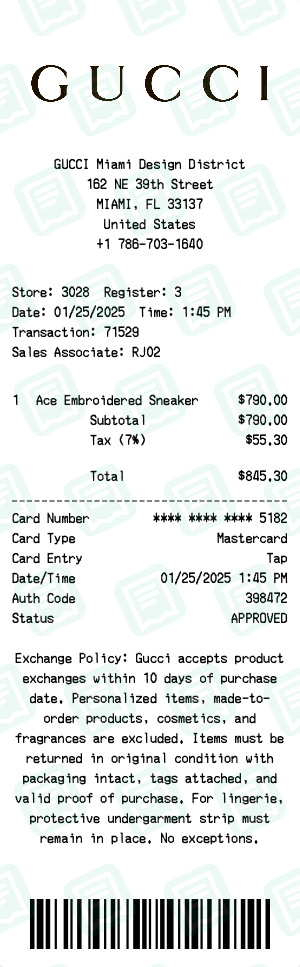 Gucci Receipt Example - Ace Sneakers