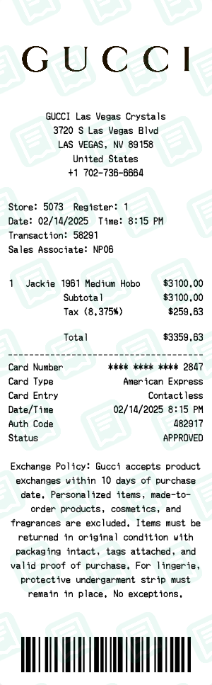 Gucci Receipt Example - Jackie Bag