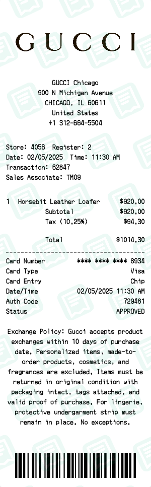 Gucci Receipt Example - Horsebit Loafers