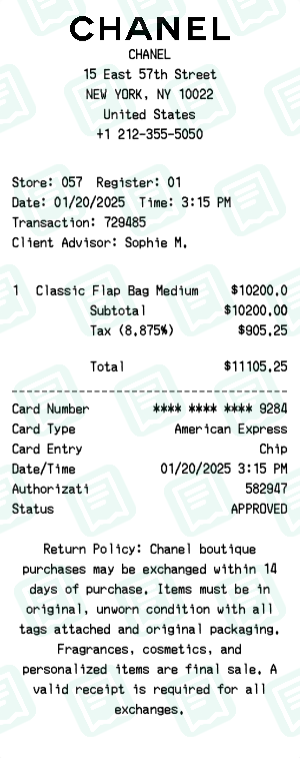 Chanel Receipt Example - Classic Flap Bag