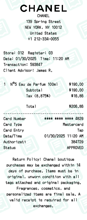 Chanel Receipt Example - No. 5 Perfume