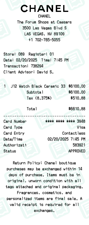 Chanel Receipt Example - J12 Watch