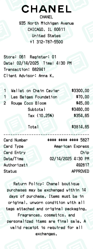 Chanel Receipt Example - Multi-Item Purchase