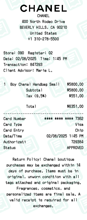 Chanel Receipt Example - Boy Bag